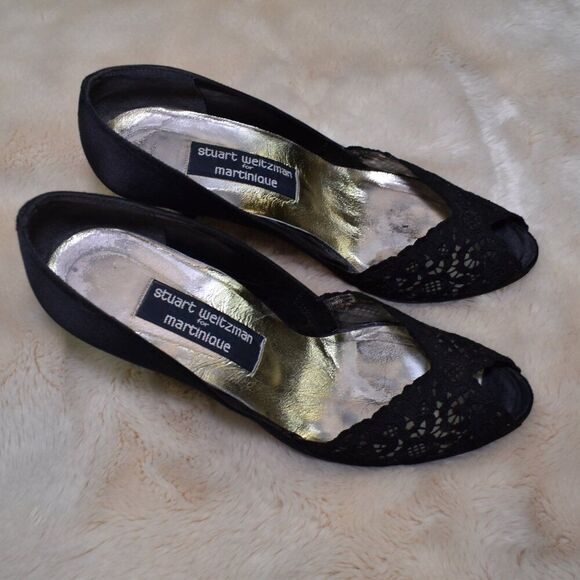 Stuart Weitzman VTG Black Satin Lace Open Toe Heels Size 8.5 Dress Shoe - Picture 9 of 11